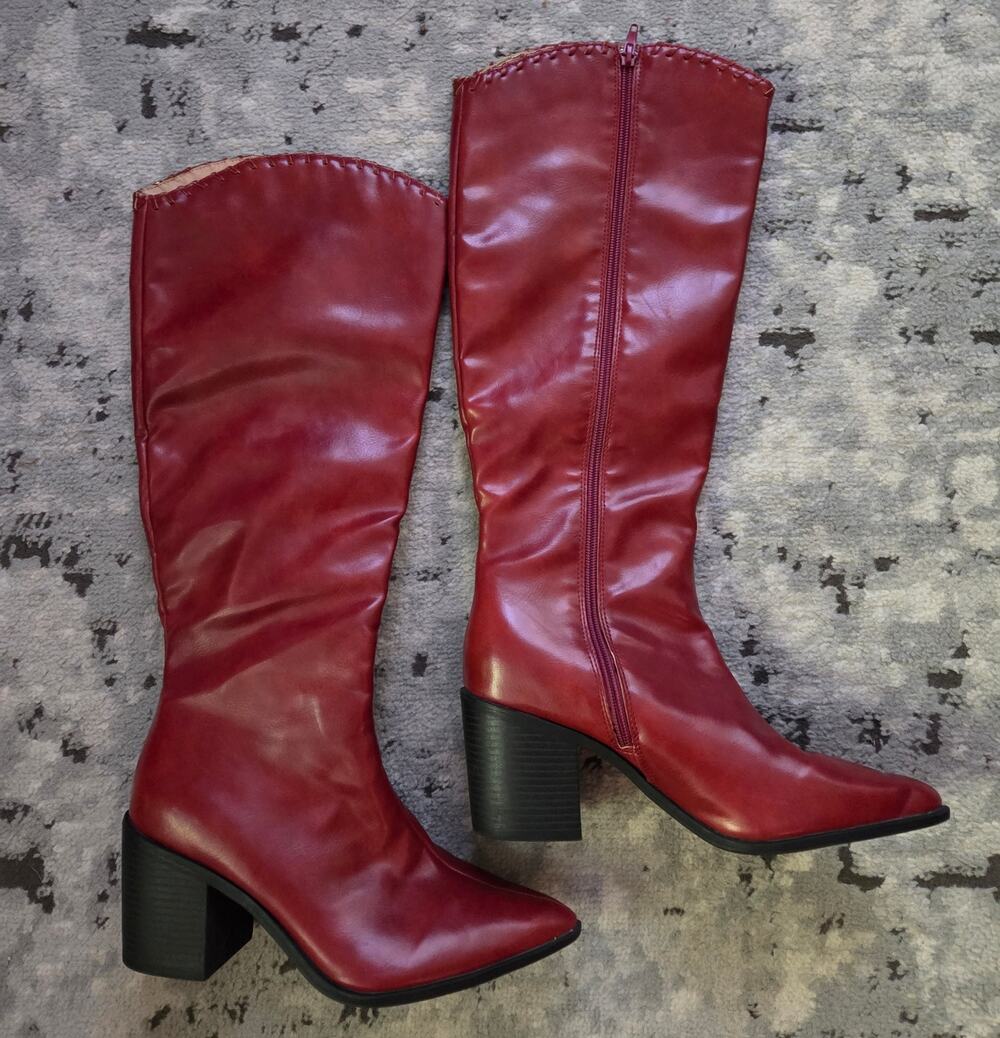 Red Burgundy Knee-High Patent Vegan Leather Boots Western Party Sexy Moto